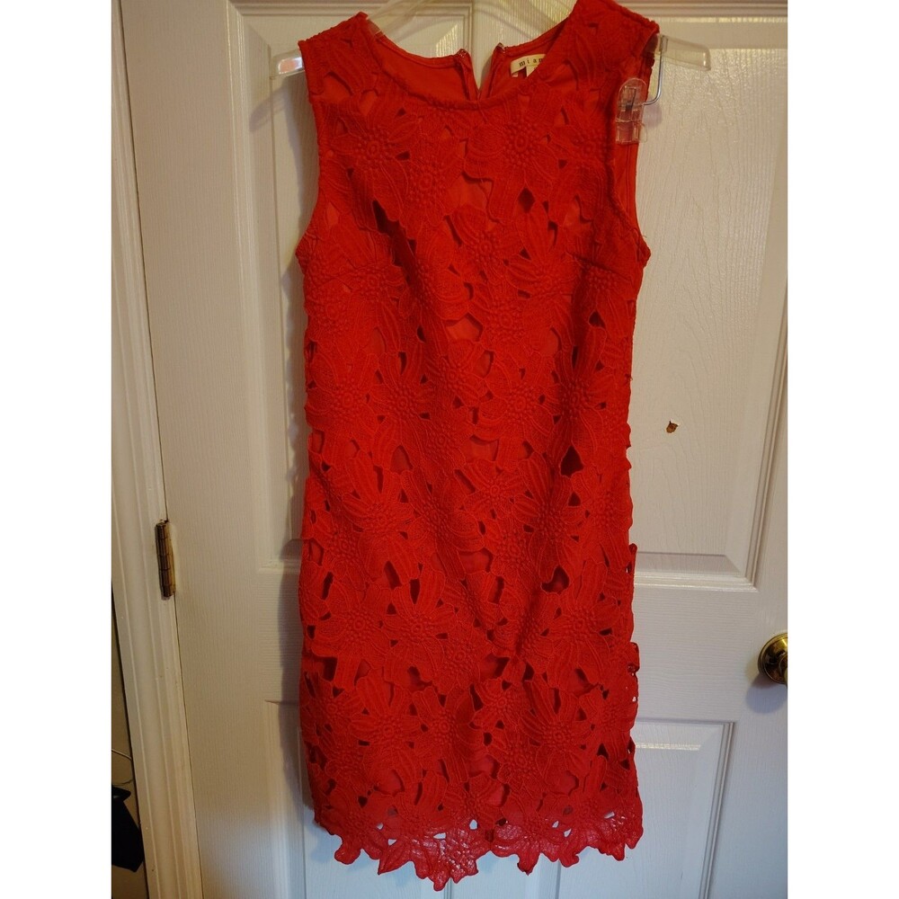 miami Women's S Red Floral Lace Round Neck Sleeveless Sheath Knee Lined Zip